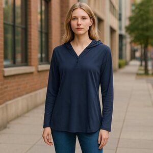 COLUMBIA Dark Blue Lightweight Hooded Athetic Long Sleeved Shirt | V-Neck | Med